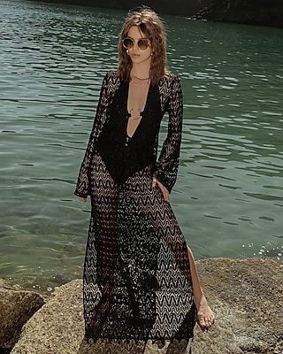 Casual Nana's Portofino Shirt Sheer Long Sleeve Maxi Dress Black Women's XS/S