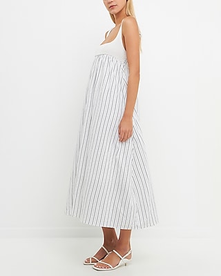 Casual English Factory Tie Back Knit Combo Striped Maxi Dress Multi-Color Women's L
