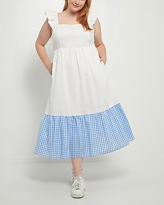 Cocktail & Party English Factory Plus Size Shoulder Ruffled Gingham Accent Midi Dress Blue Women's 1X