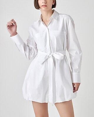 Work,Cocktail & Party Grey Lab Long Sleeve Bubble Shirt Mini Dress White Women's L