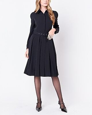 Work English Factory Pleated Collared Long Sleeve Midi Dress Black Women's S