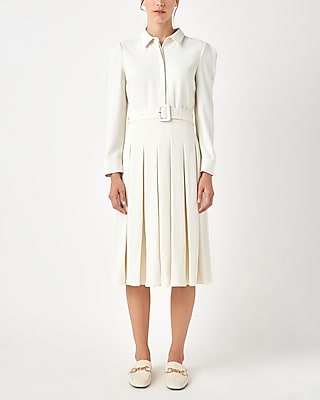 Work English Factory Pleated Collared Long Sleeve Midi Dress White Women's XS