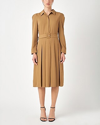 Work English Factory Pleated Collared Long Sleeve Midi Dress Brown Women's XS