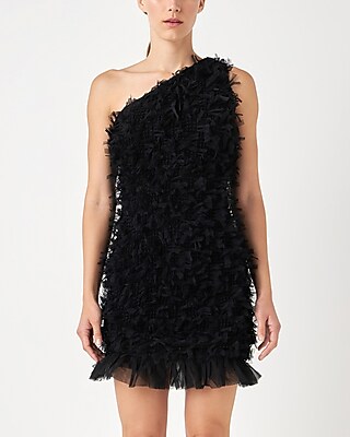 Cocktail & Party Endless Rose Mesh Trimmed One Shoulder Mini Dress Black Women's L