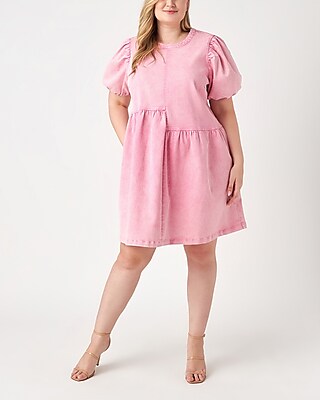 Casual English Factory Plus Size Stretch Denim Baby Doll Shift Mini Dress Pink Women's 1X