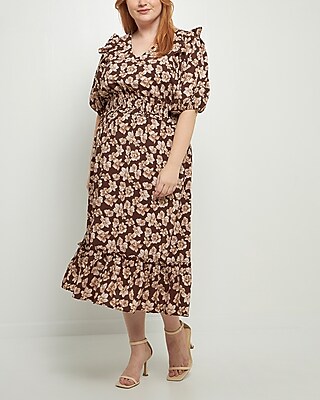 Casual English Factory Plus Size Crinkle Floral Puff Sleeve Maxi Dress Brown Women's 3X