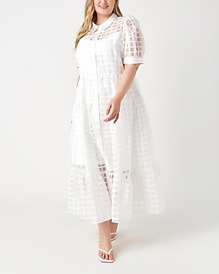 Cocktail & Party English Factory Plus Size Gridded Organza Tiered Maxi Dress White Women's 2X