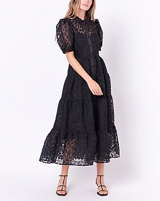 Cocktail & Party English Factory Animal Print Button Up Maxi Dress Black Women's XS