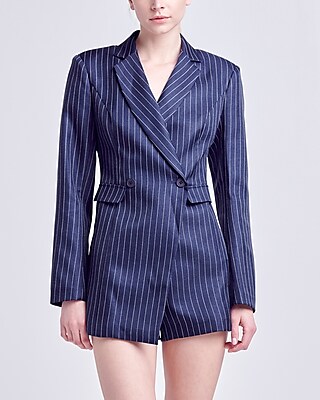 Work,Cocktail & Party English Factory Pinstripe Long Sleeve Blazer Romper Blue Women's XS