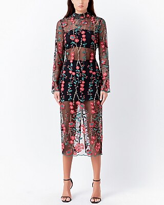 Cocktail & Party Endless Rose Long Sleeve Floral Embroidered Mesh Midi Dress Multi-Color Women's L