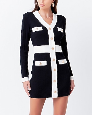 Work,Cocktail & Party Endless Rose Contrast V-Neck Knit Mini Dress Black Women's XS