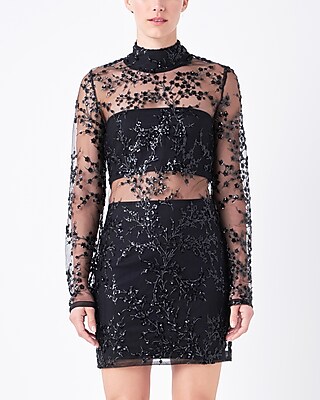 Cocktail & Party Endless Rose Sequins Embroidered Long Sleeve Mini Dress Black Women's XS