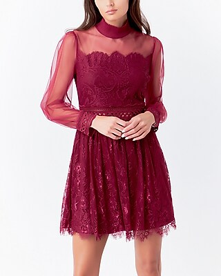 Cocktail & Party Endless Rose Long Sleeve Lace Mini Dress Red Women's XS