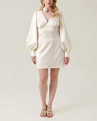 Cocktail & Party Nana's Long Puff Sleeves Rose Mini Dress White Women's L