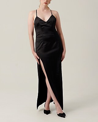 Cocktail & Party Nana's Open Back Azzurra Slit Hem Satin Maxi Dress Black Women's M