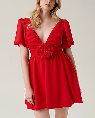 Cocktail & Party Nana's Short Puff Sleeves Seraphine Rose Detail Mini Dress Red Women's S