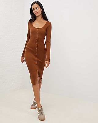 Casual,Cocktail & Party Upwest Long Sleeve Rib Sweater Midi Dress Orange Women's S