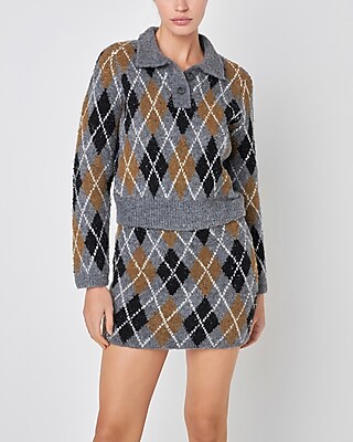 Grey Lab Argyle Collared Slightly Cropped Sweater Gray Women's L