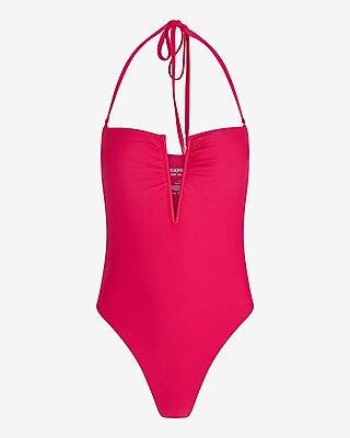 Ruched V-Wire Halter Body Contour One-Piece Swimsuit