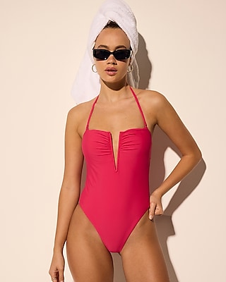 Ruched V-Wire Halter Body Contour One-Piece Swimsuit
