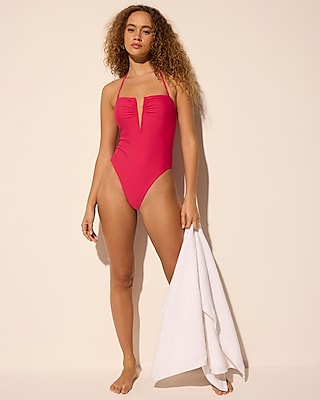 Ruched V-Wire Halter Body Contour One-Piece Swimsuit