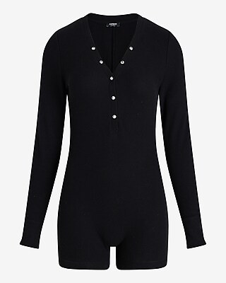 Waffle Knit Long Sleeve Henley Sleep Romper | Express