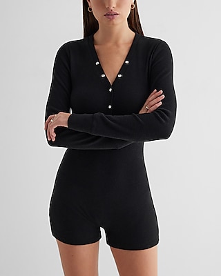 Waffle Knit Long Sleeve Henley Sleep Romper | Express