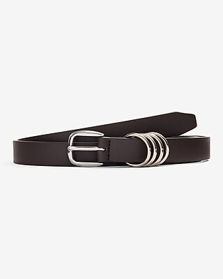 Faux Leather Dark Brown Skinny Silver Multi Ring Buckle Belt