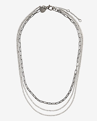 Three Row Paperclip & Rhinestone Chain Necklace