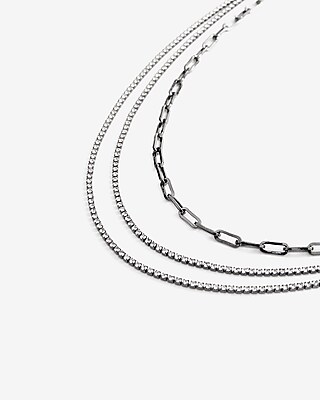 Three Row Paperclip & Rhinestone Chain Necklace