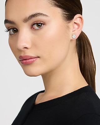 Square Pave Halo Gold Stud Earrings