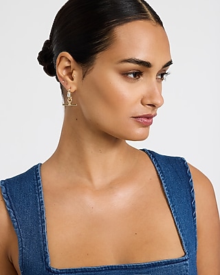 Pave Gold Link Drop Huggie Hoop Earrings
