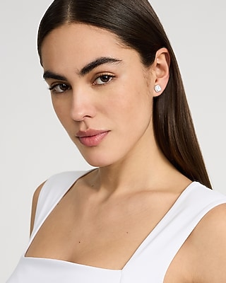 Square Pave Halo Silver Stud Earrings