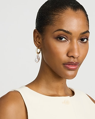 Gold Pearl Drop Hoop Earrings