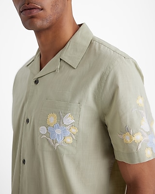 Embroidered Floral Graphic Pocket Short Sleeve Shirt