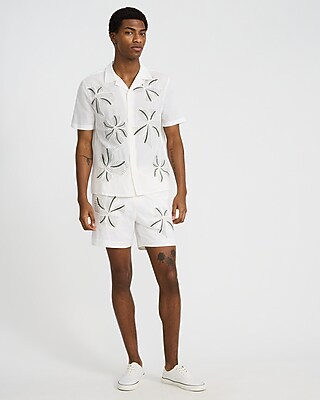 Embroidered Floral Ivory Cotton Short Sleeve Shirt