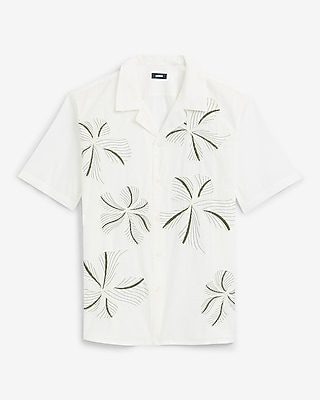 Embroidered Floral Ivory Cotton Short Sleeve Shirt