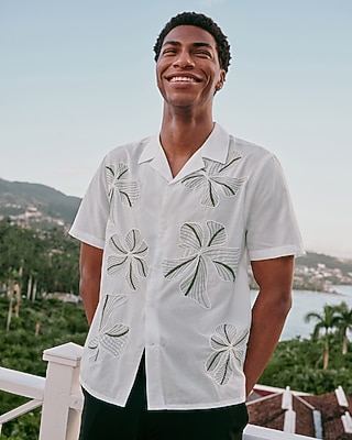 Embroidered Floral Ivory Cotton Short Sleeve Shirt