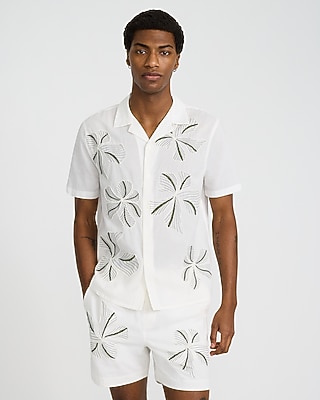Embroidered Floral Ivory Cotton Short Sleeve Shirt