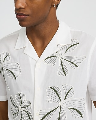 Embroidered Floral Ivory Cotton Short Sleeve Shirt