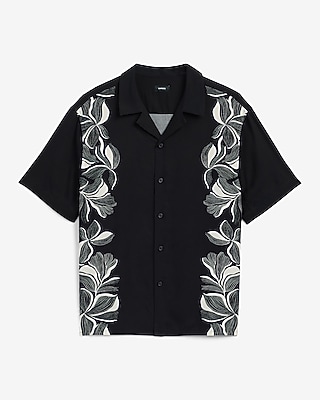 Abstract Floral Bordered Rayon Short Sleeve Shirt