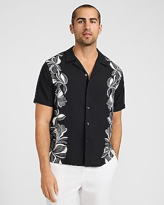 Abstract Floral Bordered Rayon Short Sleeve Shirt