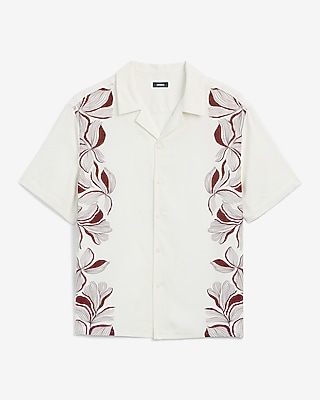Abstract Floral Bordered Rayon Short Sleeve Shirt