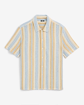 Textured Open Knit Tan Striped Short Sleeve Shirt