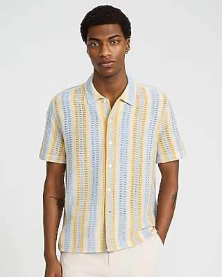Textured Open Knit Tan Striped Short Sleeve Shirt