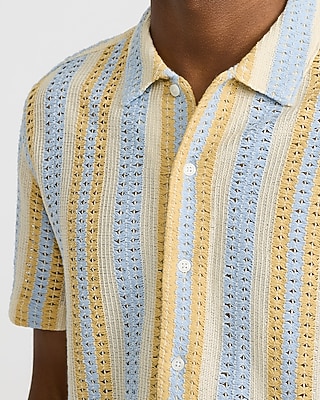 Textured Open Knit Tan Striped Short Sleeve Shirt