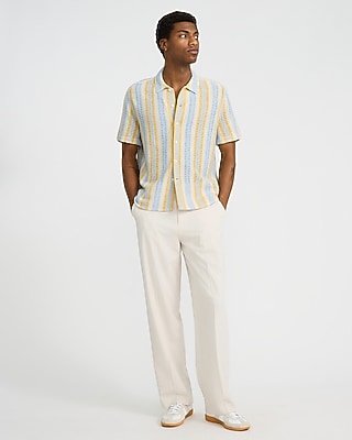 Textured Open Knit Tan Striped Short Sleeve Shirt