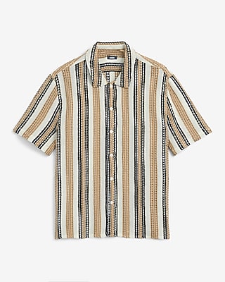 Textured Open Knit Tan Striped Short Sleeve Shirt