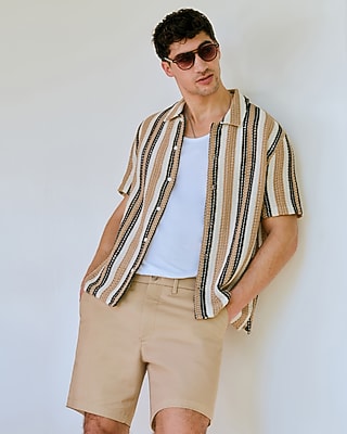 Textured Open Knit Tan Striped Short Sleeve Shirt