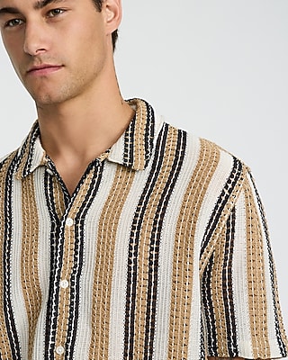 Textured Open Knit Tan Striped Short Sleeve Shirt